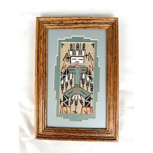 Vintage‎ Navajo Thunderbird Sand Painting Signed Doby Framed Authentic 6x9